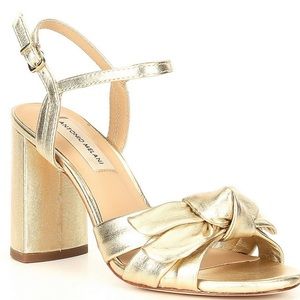 Metallic Leather Knotted Ankle Strap Dress Sandals